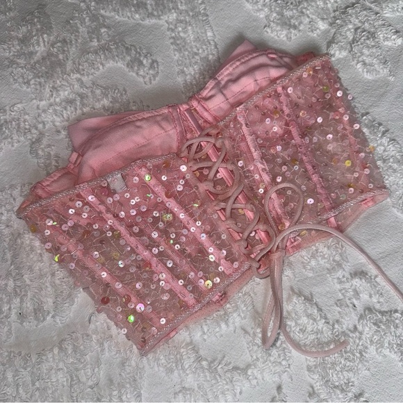 Baby Pink Sequin Tie-Back Bow Corset - Picture 3 of 12